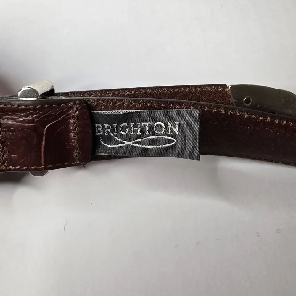 VTG Brighton Y2K Brown Croc Embossed Leather Belt 2X Ornate Scroll Buckle Silver
